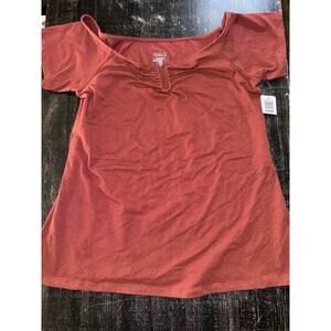 1X NWT Torrid Blouse Women Orange Brownish U Bar Off Shoulder Foxy Top Stretch